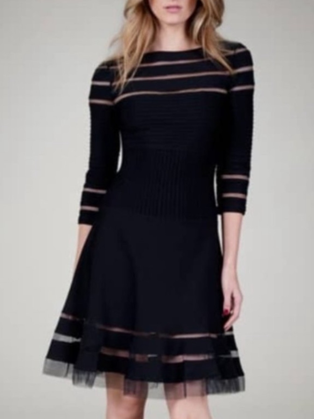 Tadashi shoji black illusion mesh stripe fit & flare cocktail dress sz s